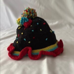 New Hand Knit Whimsical Colorful Cotton Knit Hat with Pom-Poms